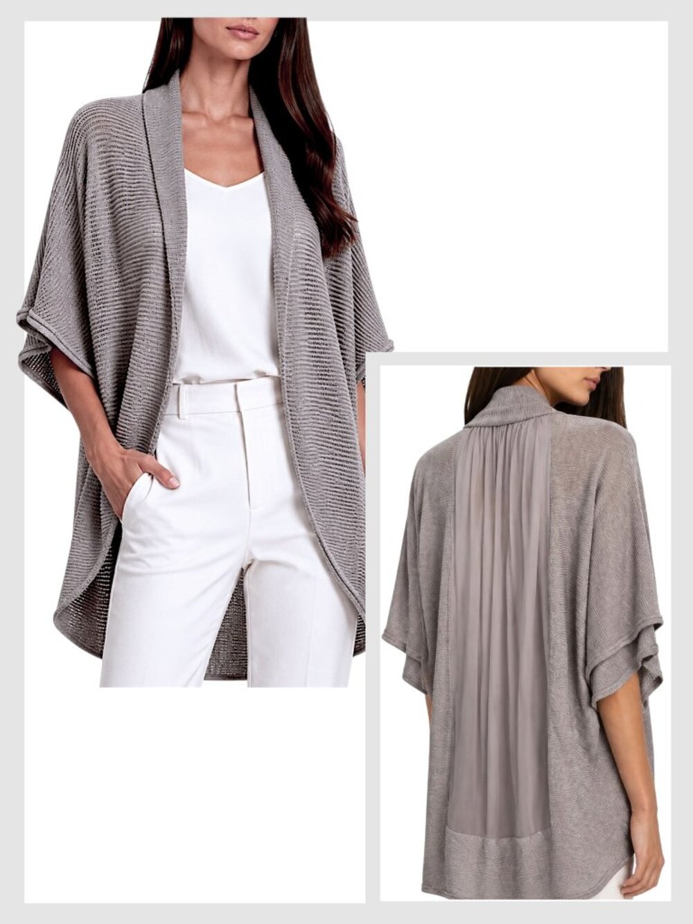 Alice + Olivia Open Front Cardigan Taupe Silk Back Panel M